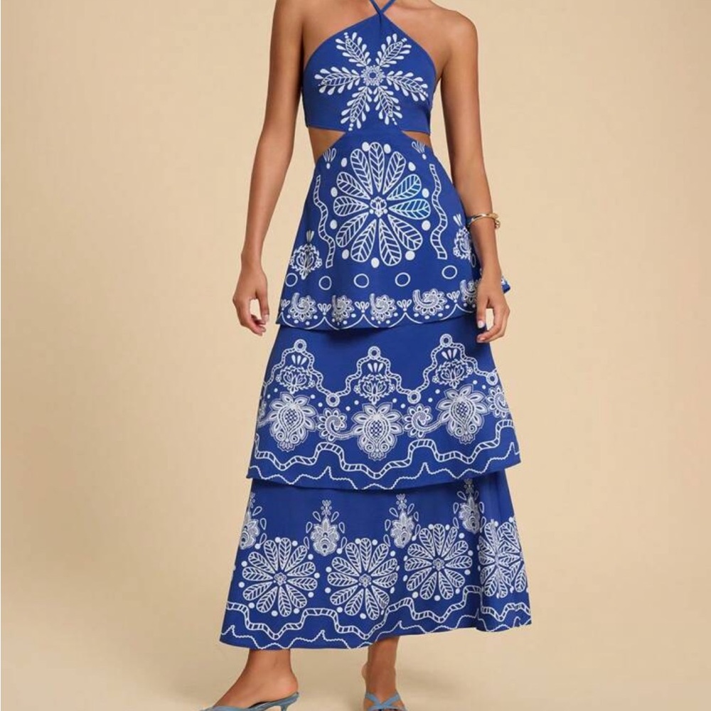 Women’s Vacation Dress | Blue Floral Chiffon Halter Sundress